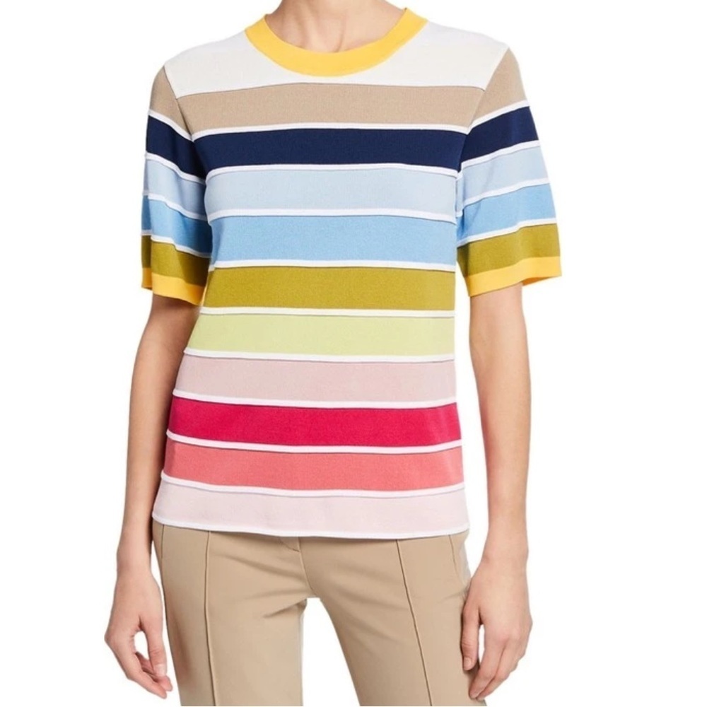 Escada Serus Striped Multicolor Colorblocked Short Sleeve Knit Sweater Top XS